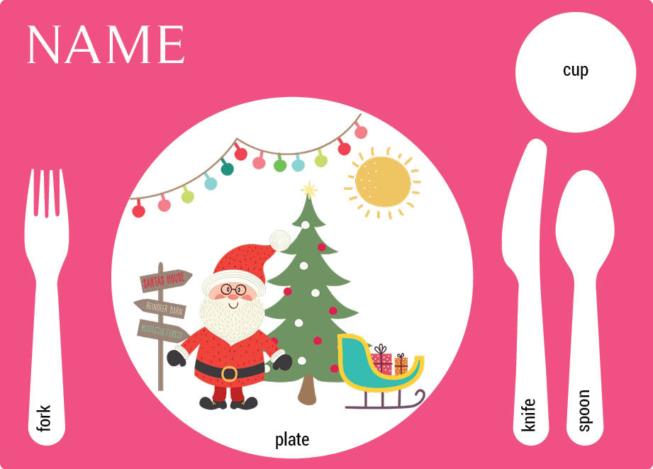 Personalized kids placemat – Santa's sleigh Christmas pink design | myartworkplate.com