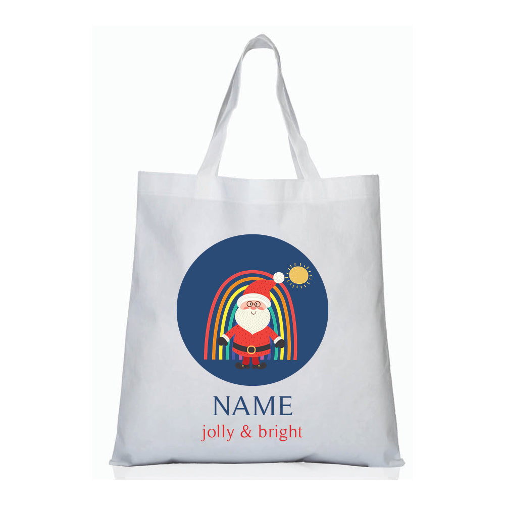 Personalized kids tote bag – rainbow Santa Christmas blue design | myartworkplate.com