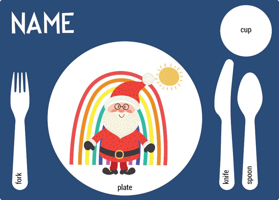 Personalized kids placemat – rainbow Santa Christmas blue design | myartworkplate.com