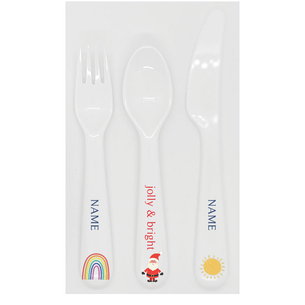 Personalized kids utensil set – rainbow Santa Christmas blue design | myartworkplate.com