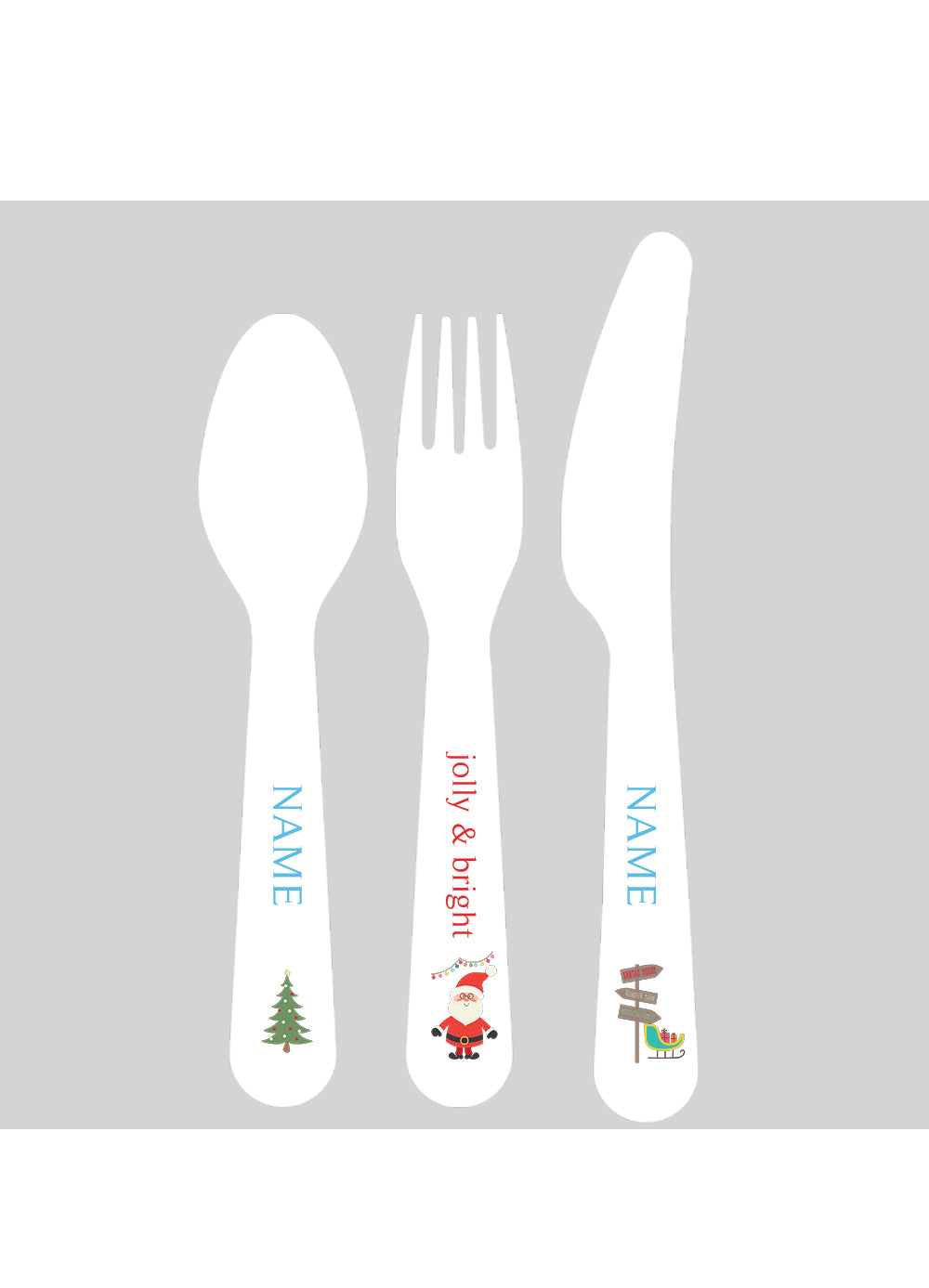Personalized kids utensil set – Santa's sleigh Christmas pink design | myartworkplate.com – front view