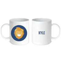 White polymer mug featuring a custom design of a Lion and the text 'Your Text' in color selected script