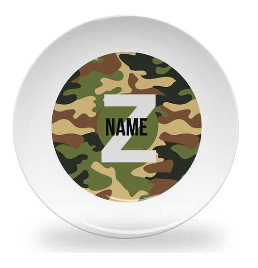 Personalized kids plate – alphabet green camouflage design | myartworkplate.com