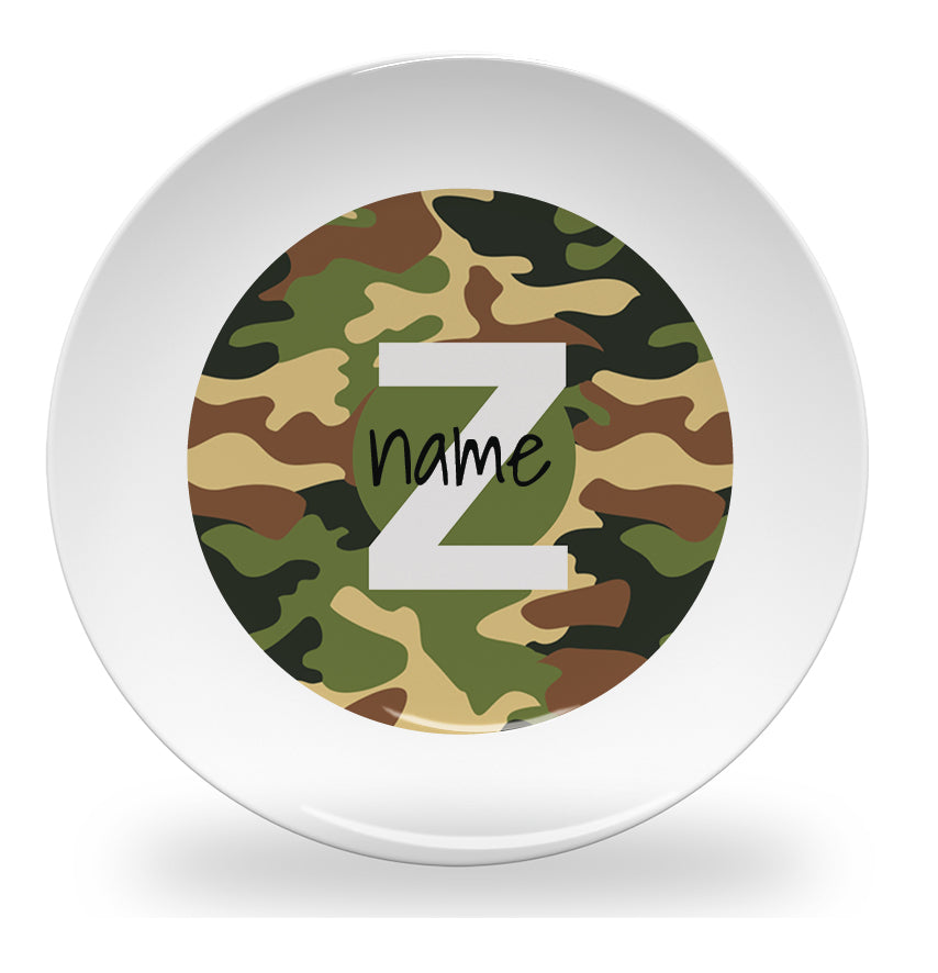 Personalized kids plate – alphabet green camouflage design | myartworkplate.com – front view