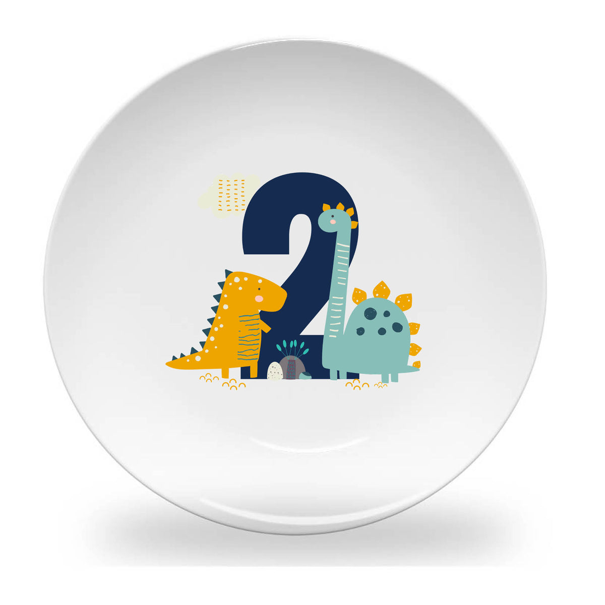 Personalized kids plate – birthday dinosaur numbers design for boys | myartworkplate.com – front view