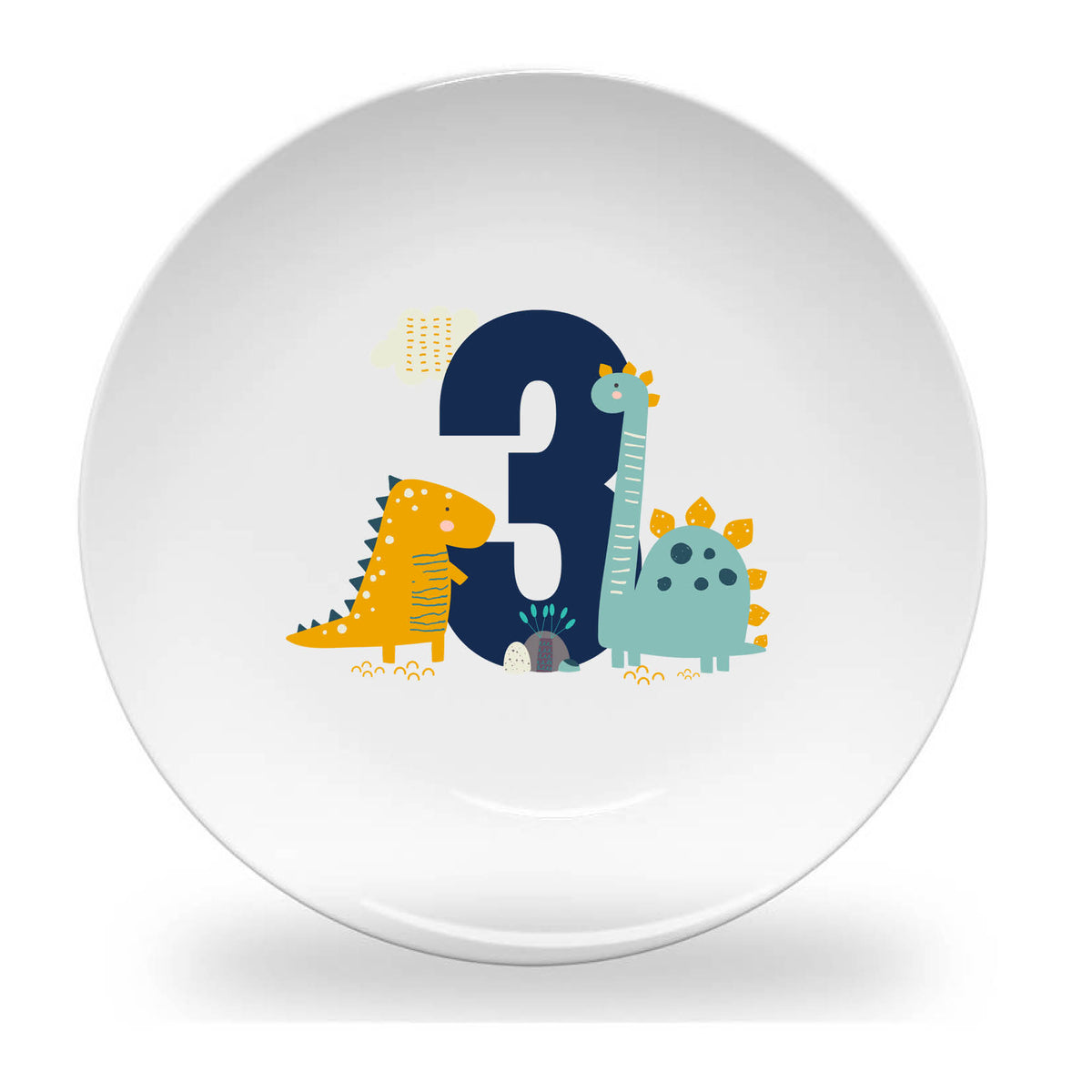 Personalized kids plate – birthday dinosaur numbers design for boys | myartworkplate.com – detail close-up
