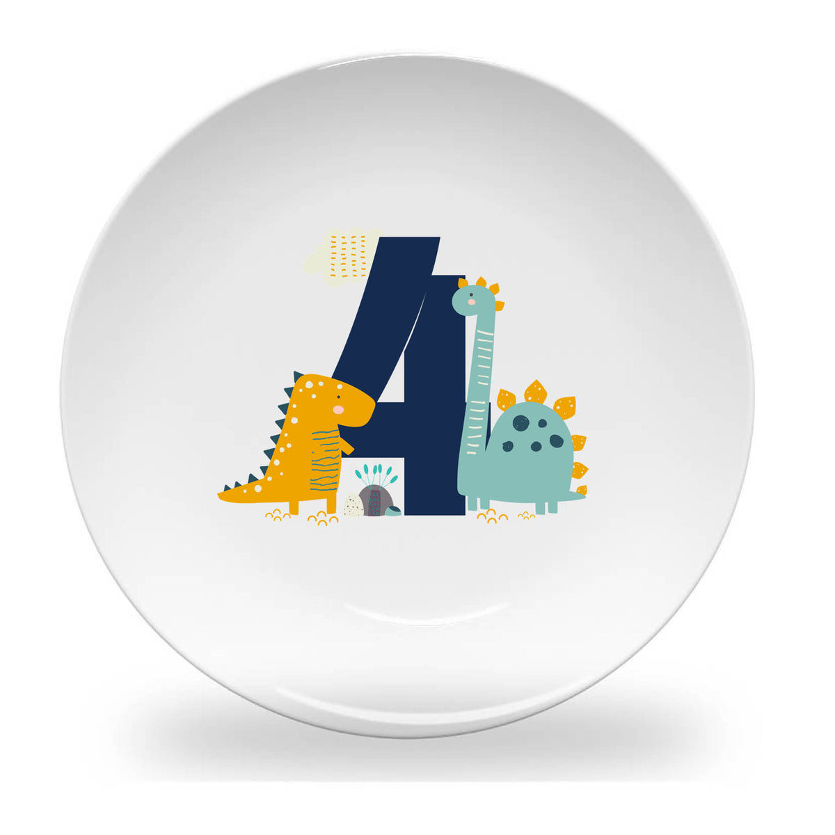 Personalized kids plate – birthday dinosaur numbers design for boys | myartworkplate.com – side angle