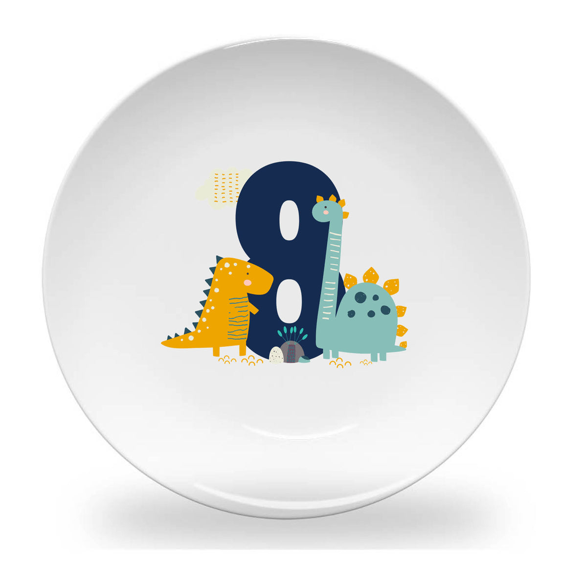 Personalized kids plate – birthday dinosaur numbers design for boys | myartworkplate.com – back view