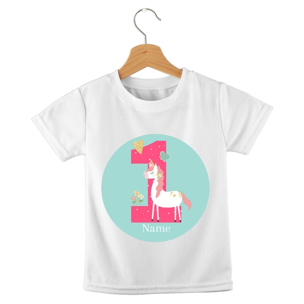 short sleeve t-shirt birthday girl unicorn aqua