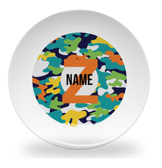 Personalized kids plate – alphabet colourful camouflage design | myartworkplate.com
