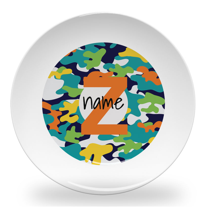 Personalized kids plate – alphabet colourful camouflage design | myartworkplate.com – front view