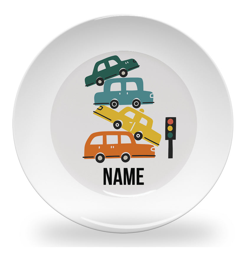Personalized kids plate – stacked cars design for boys | myartworkplate.com – front view