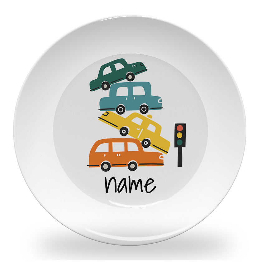 Personalized kids plate – stacked cars design for boys | myartworkplate.com