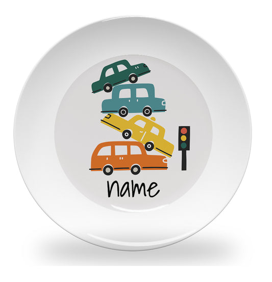 Personalized kids plate – stacked cars design for boys | myartworkplate.com