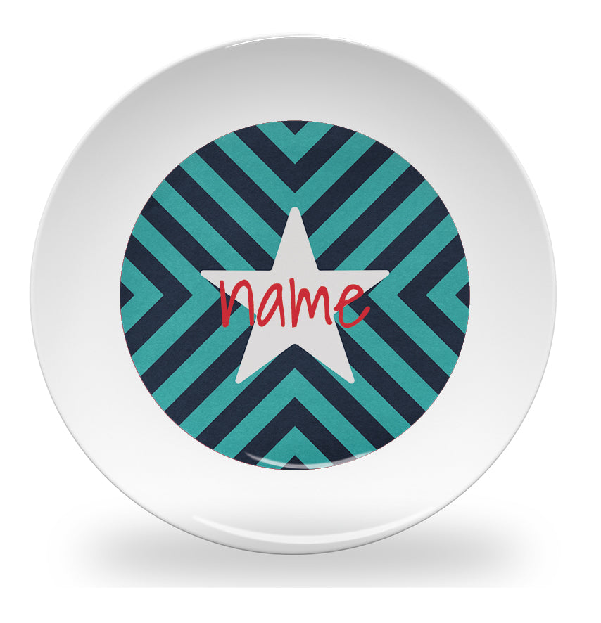 Personalized kids plate – crisscross star pattern design | myartworkplate.com – front view