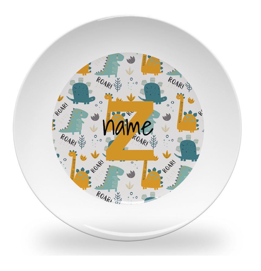 Personalized kids plate – dinosaur alphabet learning design | myartworkplate.com
