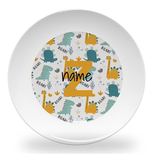 Personalized kids plate – dinosaur alphabet learning design | myartworkplate.com