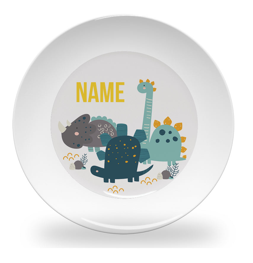 Personalized kids plate – dinosaur friends design | myartworkplate.com