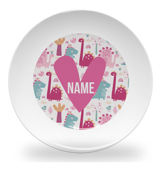Personalized kids plate – pink dinosaur crowd design for girls | myartworkplate.com