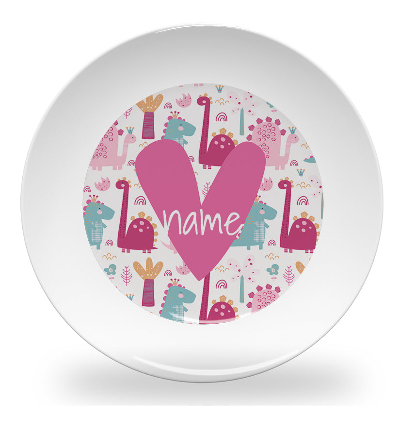 Personalized kids plate – pink dinosaur crowd design for girls | myartworkplate.com – front view