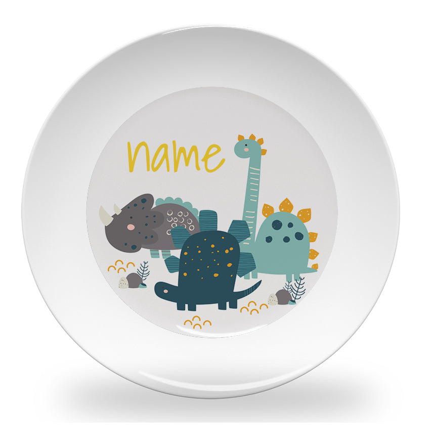 Personalized kids plate – dinosaur friends design | myartworkplate.com – front view