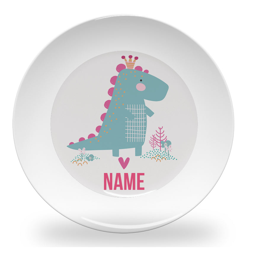 Personalized kids plate – dinosaur princess design for girls | myartworkplate.com – front view