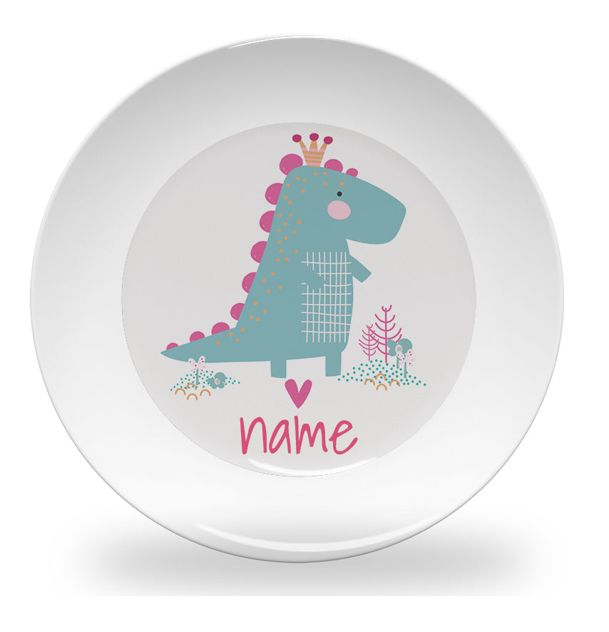 Personalized kids plate – dinosaur princess design for girls | myartworkplate.com