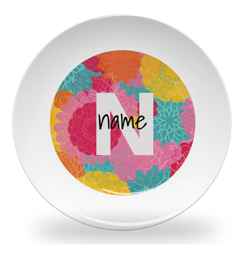 Personalized kids plate – flower alphabet learning design for girls | myartworkplate.com – front view