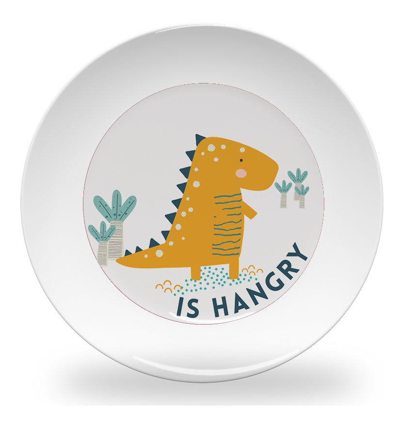 Personalized kids plate – hangry dinosaur fun design | myartworkplate.com – front view