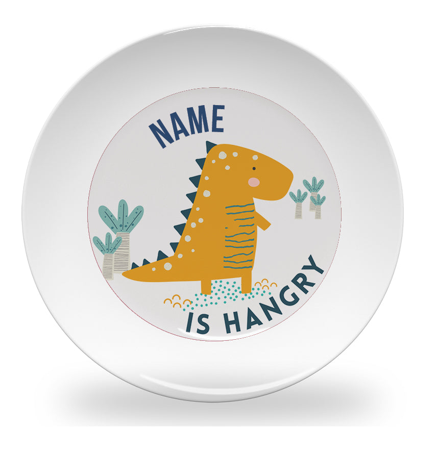 Personalized kids plate – hangry dinosaur fun design | myartworkplate.com