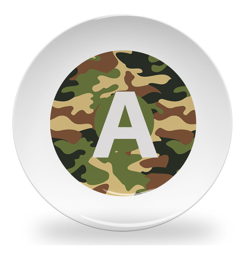 Personalized kids plate – alphabet green camouflage design | myartworkplate.com – size guide