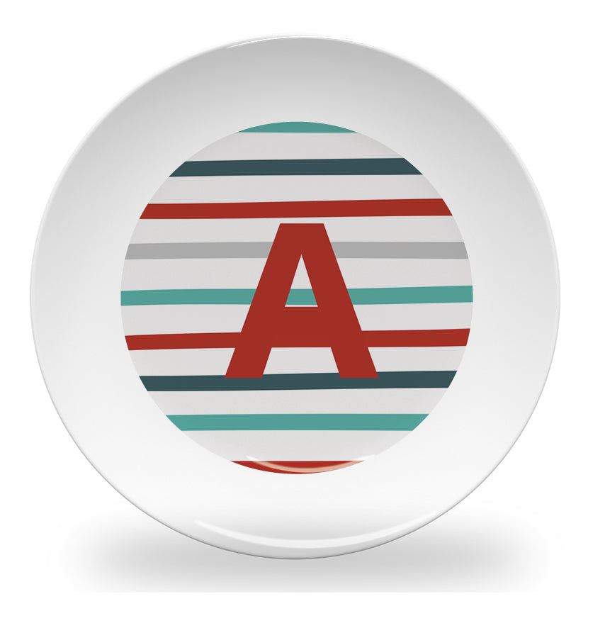 Personalized kids plate – pinstripe alphabet learning design | myartworkplate.com – detail close-up