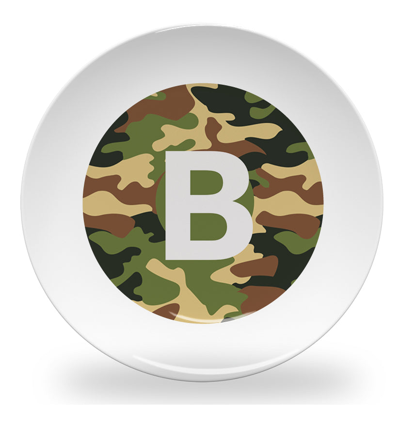 Personalized kids plate – alphabet green camouflage design | myartworkplate.com – colour options