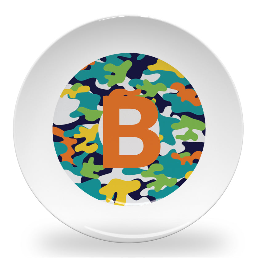Personalized kids plate – alphabet colourful camouflage design | myartworkplate.com – colour options