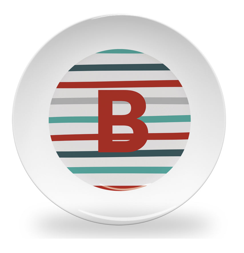 Personalized kids plate – pinstripe alphabet learning design | myartworkplate.com – side angle