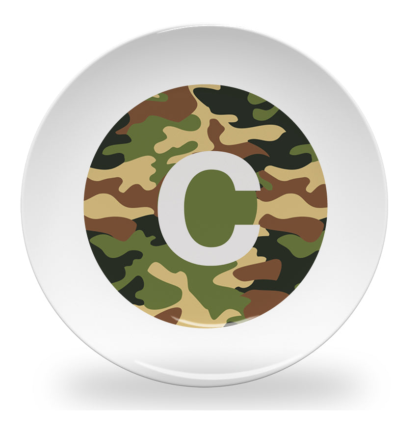 Personalized kids plate – alphabet green camouflage design | myartworkplate.com – back view