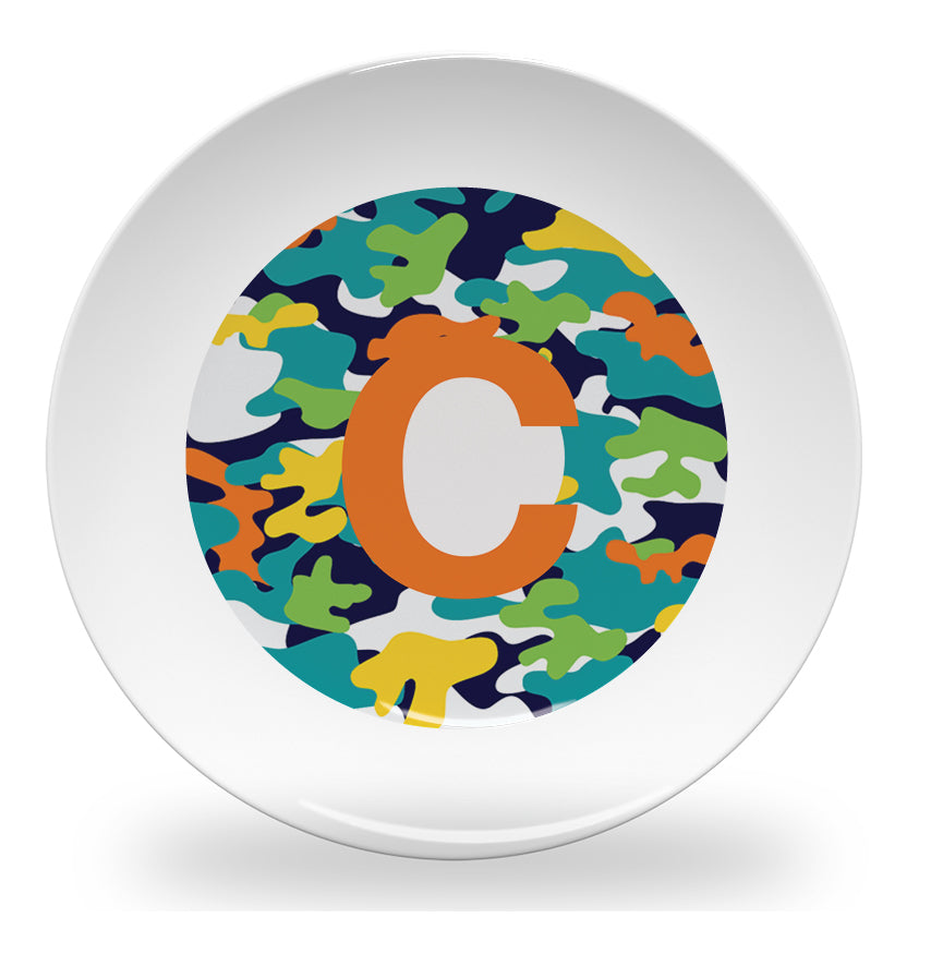 Personalized kids plate – alphabet colourful camouflage design | myartworkplate.com – back view