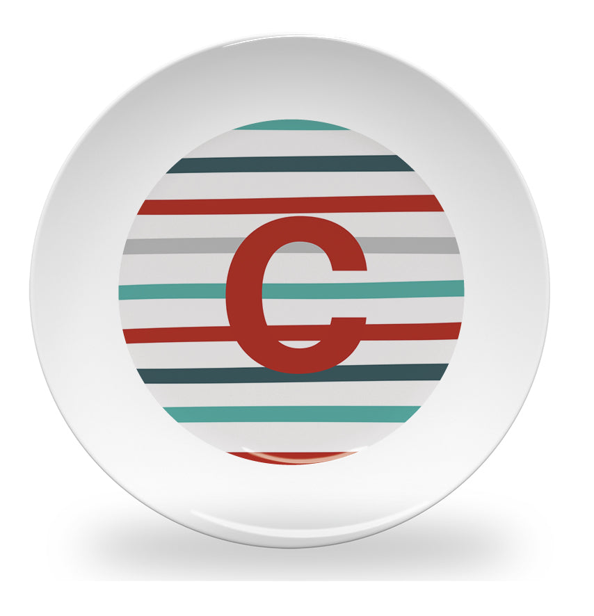Personalized kids plate – pinstripe alphabet learning design | myartworkplate.com – lifestyle shot