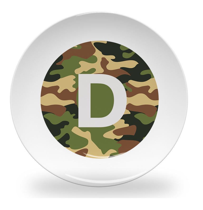 Personalized kids plate – alphabet green camouflage design | myartworkplate.com – full set