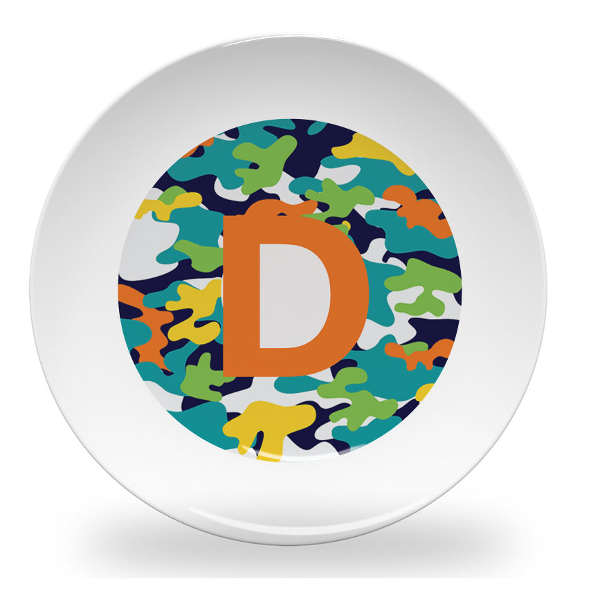 Personalized kids plate – alphabet colourful camouflage design | myartworkplate.com – full set