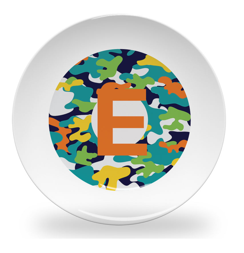 Personalized kids plate – alphabet colourful camouflage design | myartworkplate.com – name example