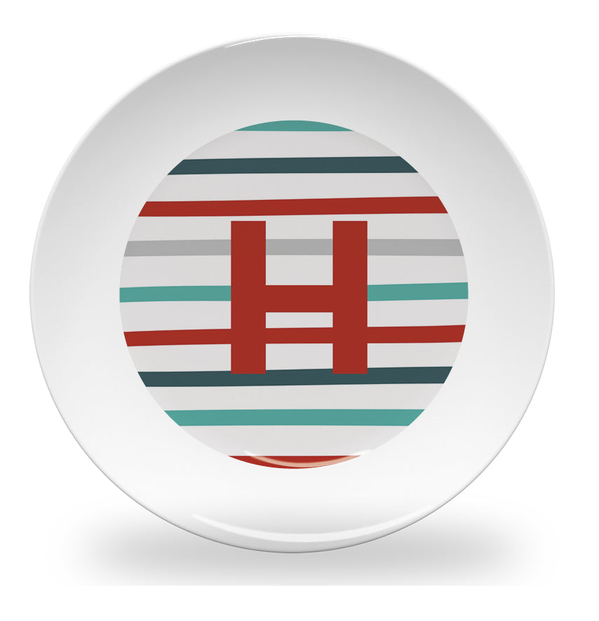Personalized kids plate – pinstripe alphabet learning design | myartworkplate.com – name example