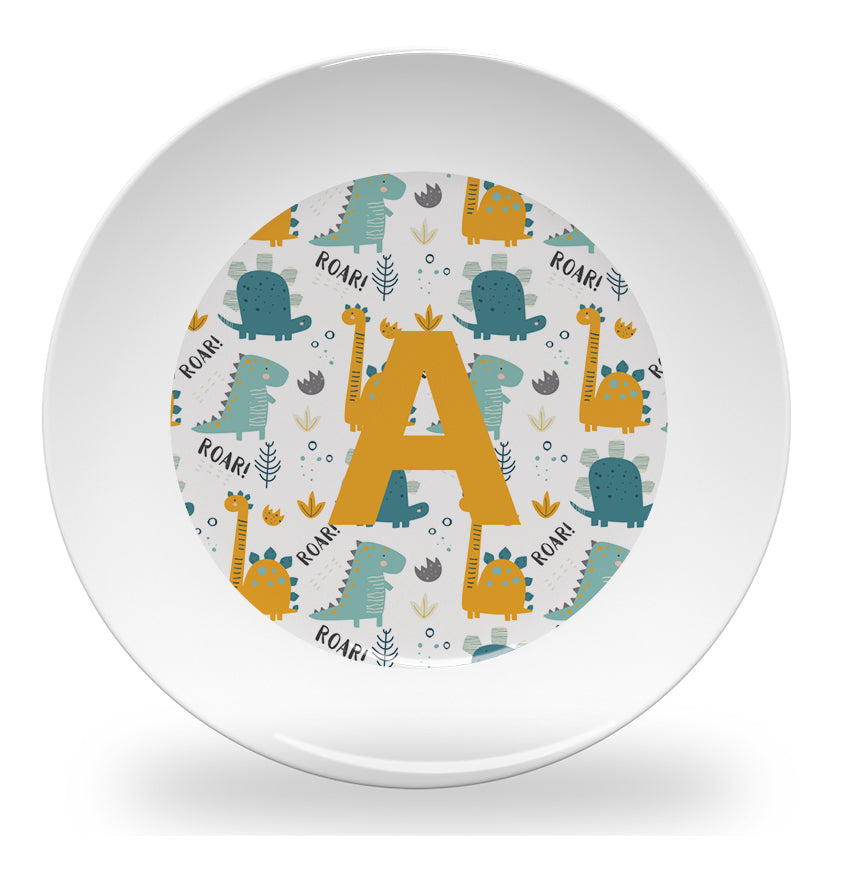 Personalized kids plate – dinosaur alphabet learning design | myartworkplate.com – lifestyle shot