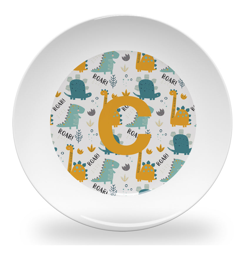 Personalized kids plate – dinosaur alphabet learning design | myartworkplate.com – colour options