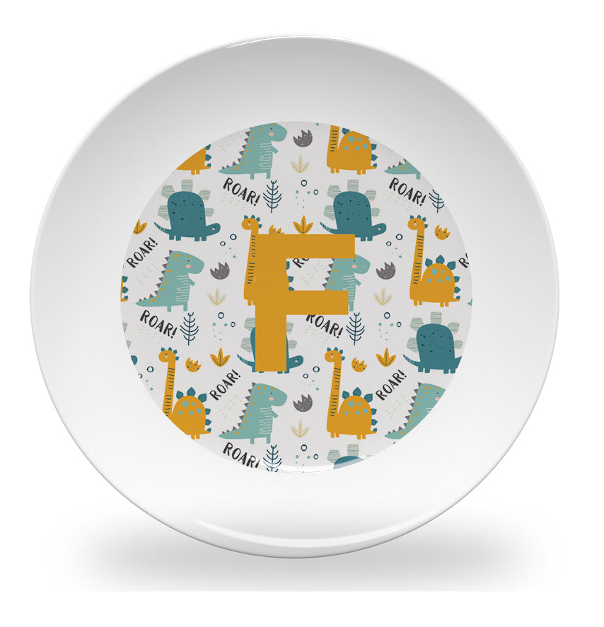 Personalized kids plate – dinosaur alphabet learning design | myartworkplate.com – name example