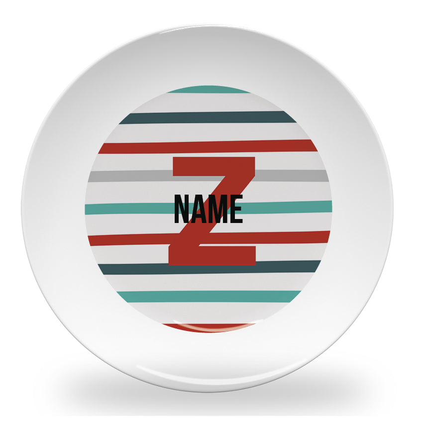 Personalized kids plate – pinstripe alphabet learning design | myartworkplate.com – front view
