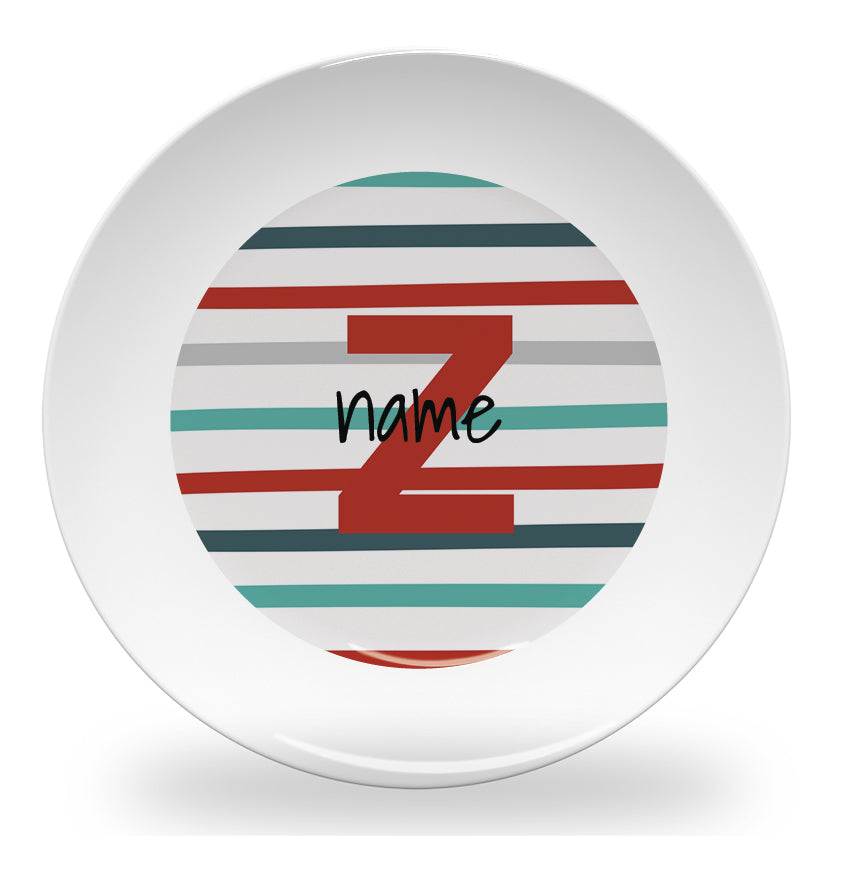Personalized kids plate – pinstripe alphabet learning design | myartworkplate.com