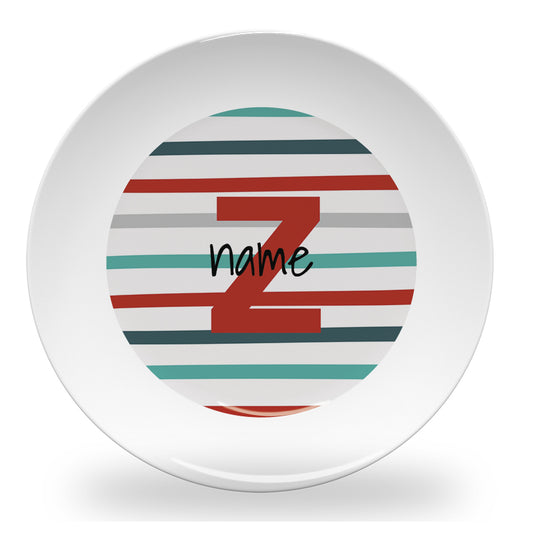 Personalized kids plate – pinstripe alphabet learning design | myartworkplate.com