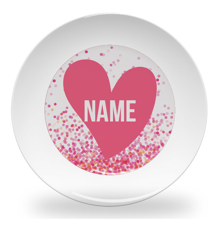 Personalized kids plate – pink confetti hearts design for girls | myartworkplate.com