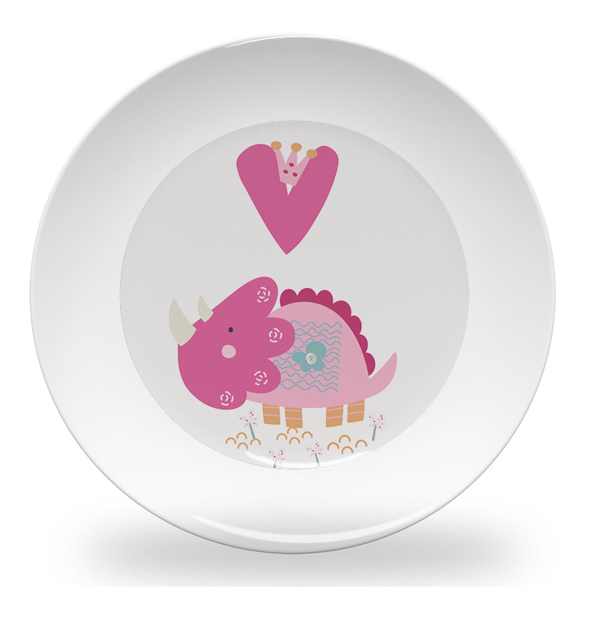 Personalized kids plate – pink dinosaur heart design for girls | myartworkplate.com – front view